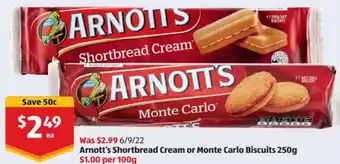 ALDI Arnott's Shortbread Cream or Monte Carlo Biscuits 250g offer