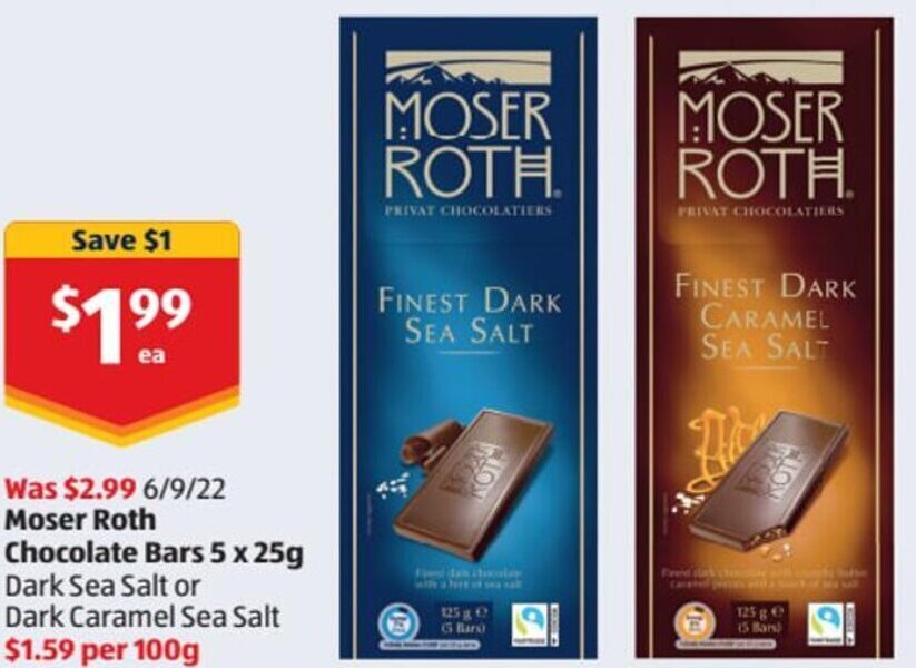 Moser Roth Chocolate Bars 5 x 25g offer at ALDI