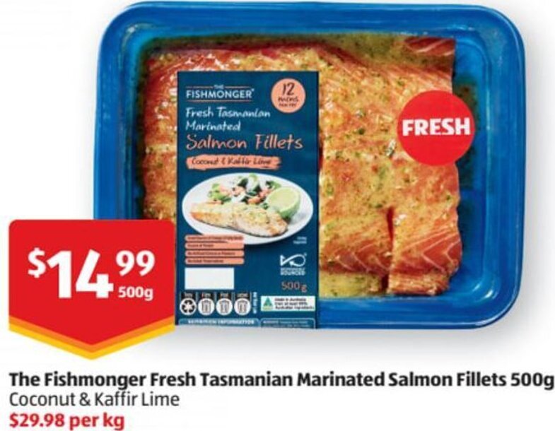 The Fishmonger Fresh Tasmanian Marinated Salmon Fillets 500g offer at ALDI