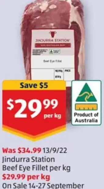 ALDI Jindurra Station Beef Eye Fillet per kg offer