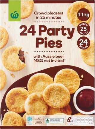 Woolworths Woolworths party sausage rolls 900g or woolworths party pies 1.1 kg pk 24 – from the freezer offer
