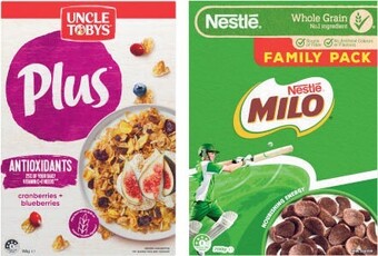 Coles Uncle tobys plus 690g-820g or nestlé milo cereal 700g offer