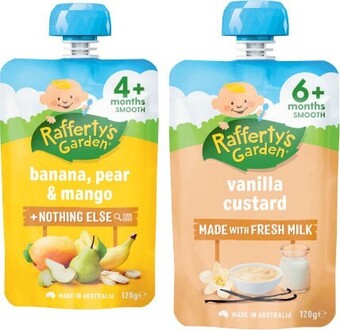 Coles Rafferty's garden 4+ months, 6+ months or 8+ months baby food pouch 120g offer
