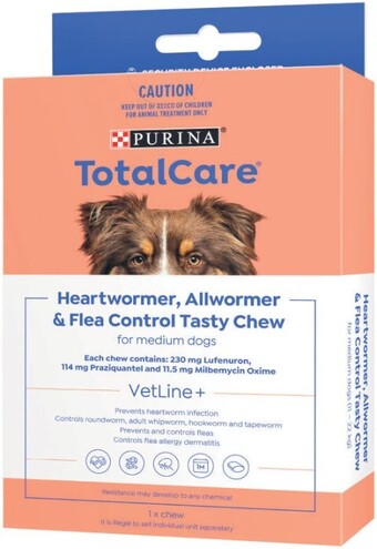 Coles Purina total care heartwormer allwormer & flea control medium dog treatment 1 pack offer
