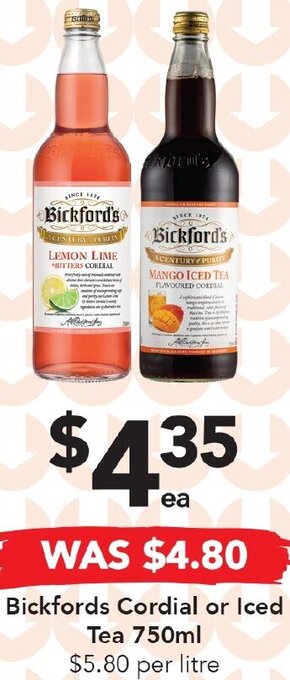 Bickfords Cordial or Iced Tea 750ml