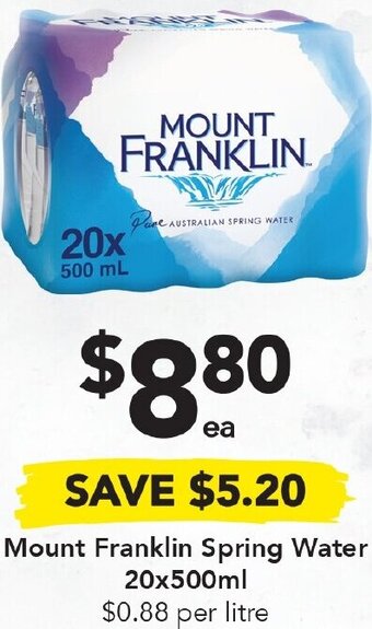 Drakes Mount Franklin Spring Water 20x500ml offer