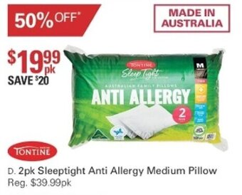 Harris Scarfe Tontine 2pk Sleeptight Anti Allergy Medium Pillow offer