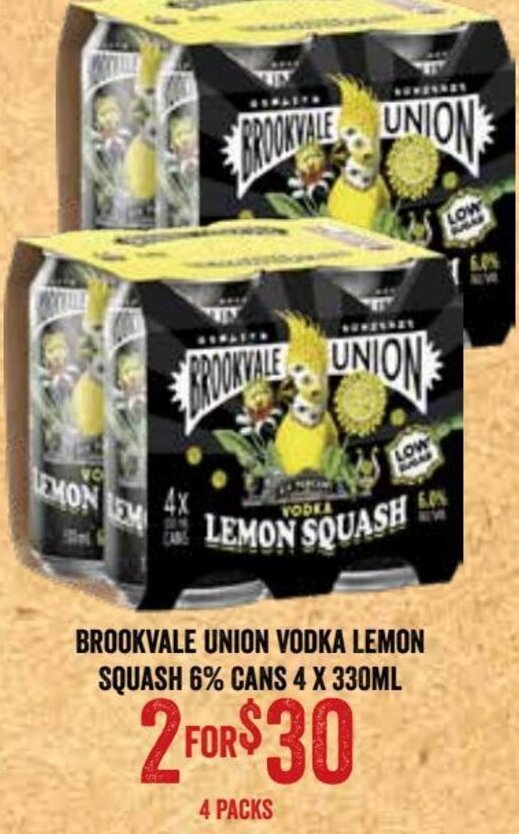 Brookvale Union Vodka Lemon Squash 6 Cans 4 x 330 ml offer at Spudshed