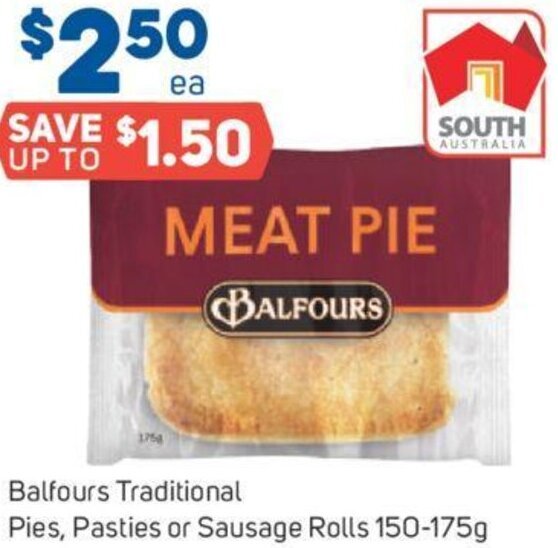 Foodland Balfours Traditional Pies, Pasties or Sausage Rolls 150-175 g offer