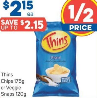 Foodland Thins Chips 175g or Veggie Snaps 120g offer