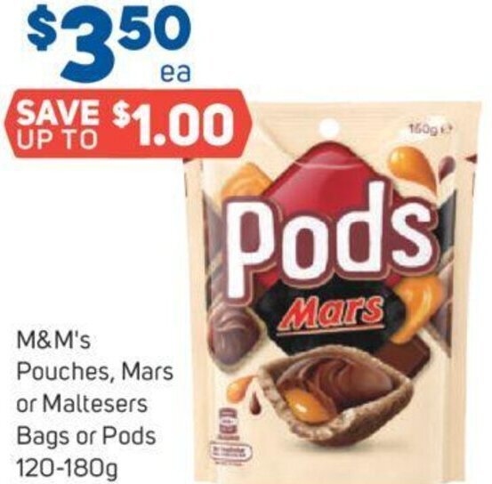 Foodland M&M's Pouches , Mars or Maltesers Bags or Pods 120-180g offer