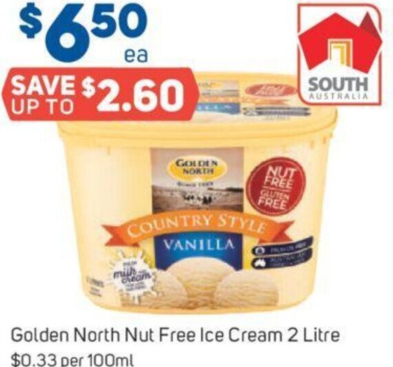 Golden North Nut Free Ice Cream 2 Litre offer at Foodland