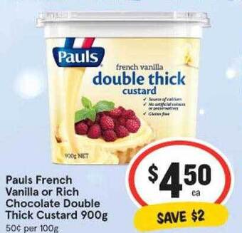 IGA Pauls french vanilla or rich chocolate double thick custard offer