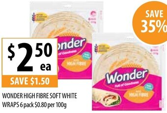Supabarn Wonder High Fibre Soft White Wraps 6 Pack offer