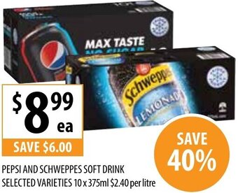 Supabarn Pepsi And Schweppes Soft Drink Selected Varieties 10 x 375ml offer