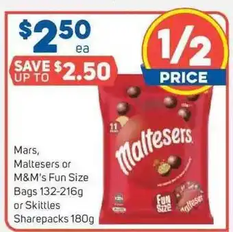Foodland Mars maltesers or m&m's fun size bags or skittles sharepacks offer