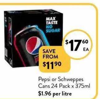Foodworks Pepsi or schweppes cans offer