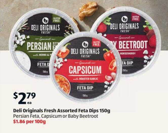 Deli original fresh assorted feta dips offer at ALDI