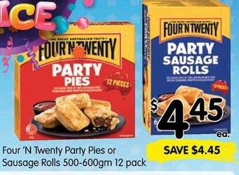Spar Four 'n twenty party pies or sausage rolls offer