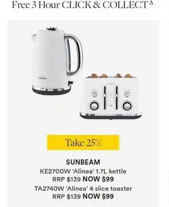 Sunbeam ke2700w alinea 1.7l kettle, ta2740w alinea 4 slice toaster