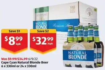 ALDI Cape Cyan Natural Blonde Beer 6 x 330ml or 24 x 330ml offer