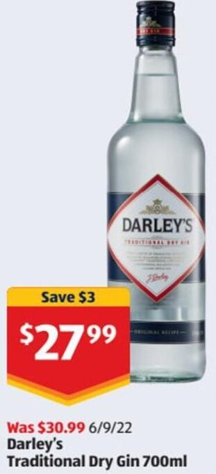 ALDI Darley's Traditional Dry Gin 700ml offer