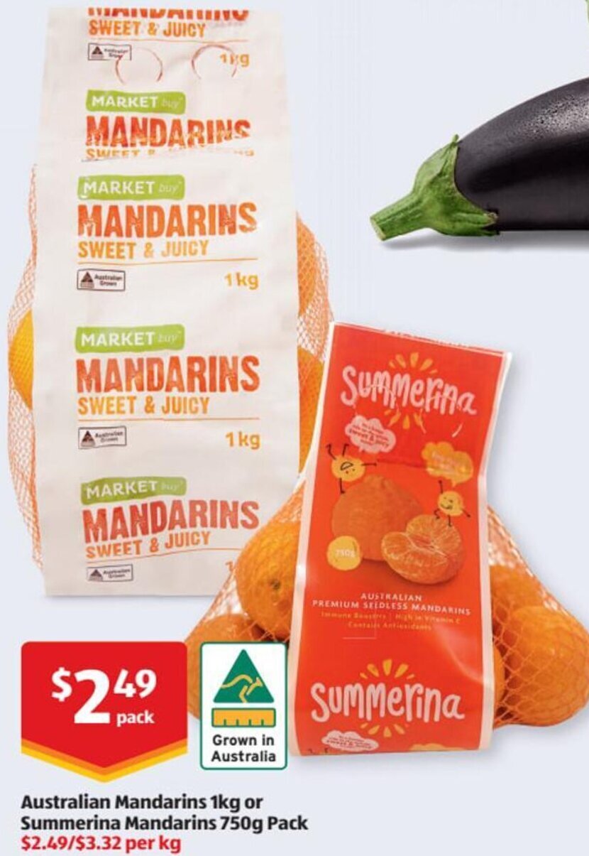 Australian Mandarins 1Kg or Summerina Mandarins 750g Pack offer at ALDI