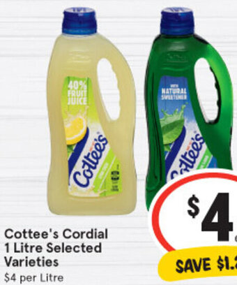 IGA Cottee's Cordial 1 Litre Selected Varieties offer