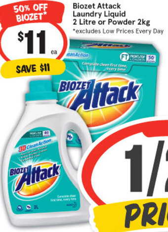 IGA Biozet Attack Laundry Liquid 2 Litre Or Powder 2Kg offer