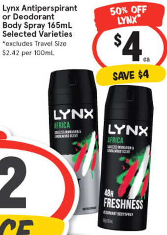 IGA Lynx Antiperspirant or Deodorant Body Spray 165ml Selected Varieties offer