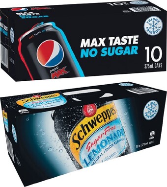Woolworths Pepsi, solo, mountain dew, or schweppes lemonade soft drink varieties 10 x 375ml offer