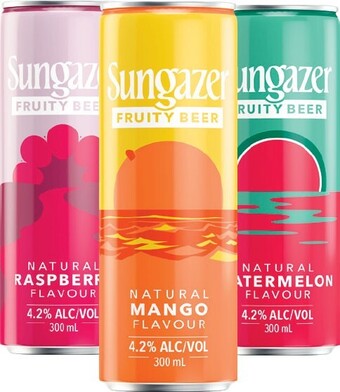Woolworths Sungazer fruity beer raspberry, mango or watermelon cans 4x300ml offer