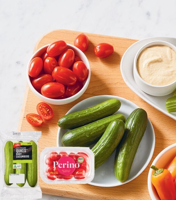 Coles australian qukes baby cucumbers 250g pack or red perino tomatoes