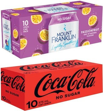 Coles Coca-cola, fanta or sprite soft drink or mount franklin lightly sparkling cans 10x375ml offer