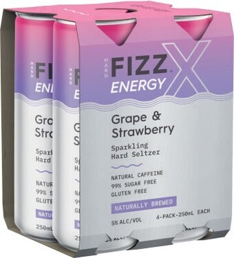 Hard fizz x grape & strawberry caffeine seltzer cans 4x250ml