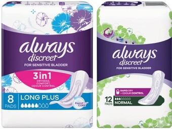 Coles Always discreet for sensitive bladder pads long plus 8 pack or normal 12 pack offer