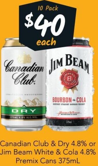 Cellarbrations Canadian Club & Dry 4.8% or Jim Beam White & Cola 4.8% Premix Cans 375ml offer