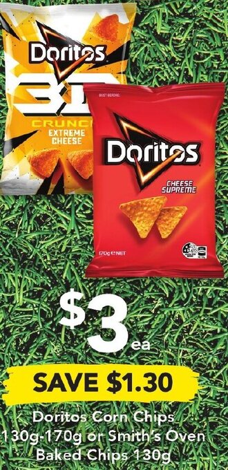 Drakes Doritos Corn Chips 130g-170g Or Smith's Oven Baked Chips 130g offer