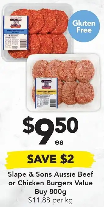 Drakes Slape & Sons Aussie Beef Or Chicken Burgers Value Buy 800g offer