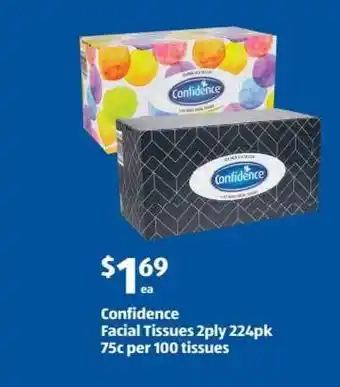 ALDI Confidence facial tissues 2ply 224pk 75c per 100 tissues offer