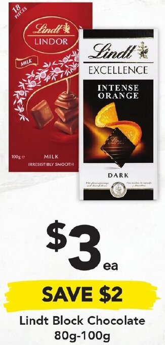 Drakes Lindt Block Chocolate 80g-100g offer