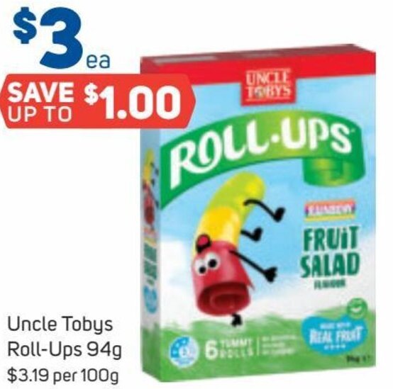 Uncle Tobys RollUps 94g offer at Foodland