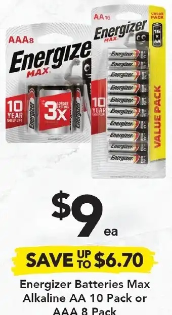 Drakes Energizer Batteries MAx Alkaline AA 10 Pack or AAA 8 Pack offer