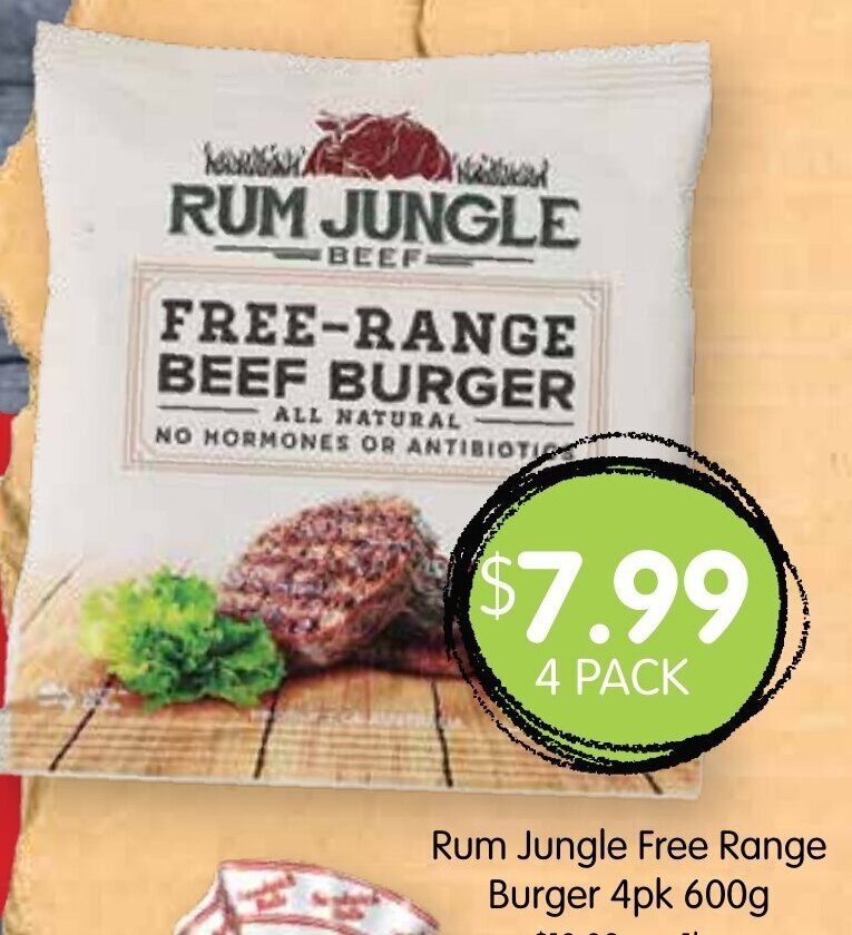 Rum Jungle Free Range Burger 4pk 600g offer at Spudshed