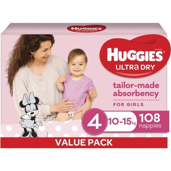 BIG W Huggies ultra dry nappies girls size 4 (10 - 15kg) 108 pack offer