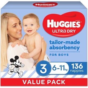 BIG W Huggies ultra dry nappies boys size 3 (6 - 11kg) 136 pack offer