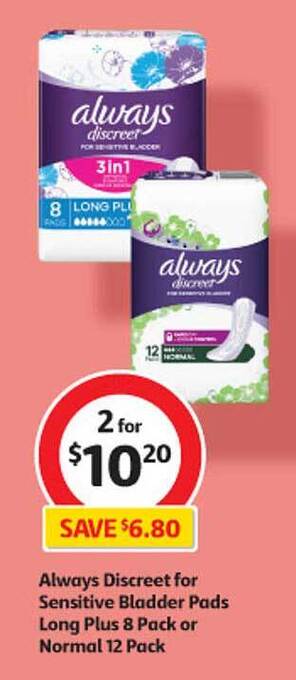 Coles Always discreet for sensitive bladder pads long plus 8 pack or normal 12 pack offer