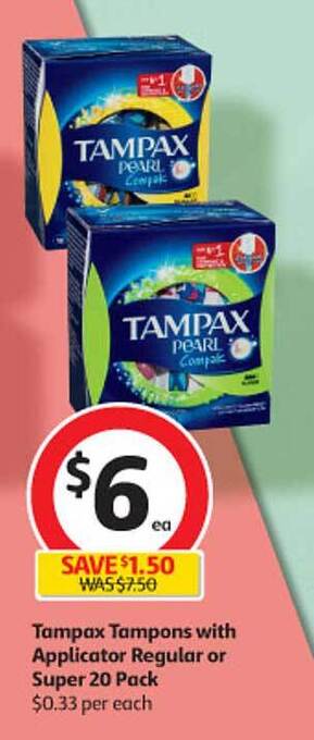 Coles Tampax tampons with applicator regular or super 20 pack offer