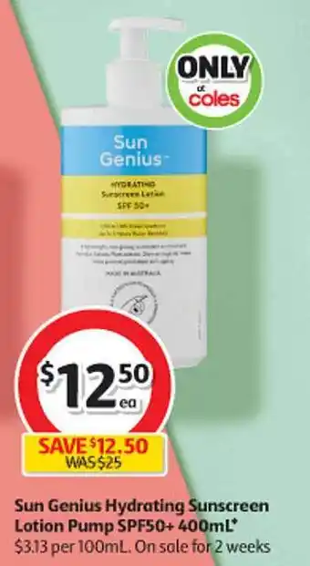 Coles Sun genius hydrating sunscreen lotion pump offer