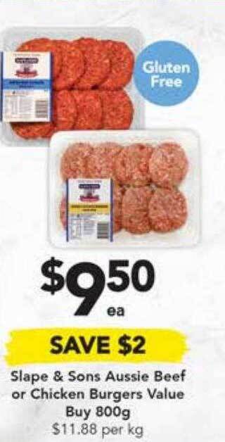 Drakes Slape & sons aussie beef or chicken burgers value offer